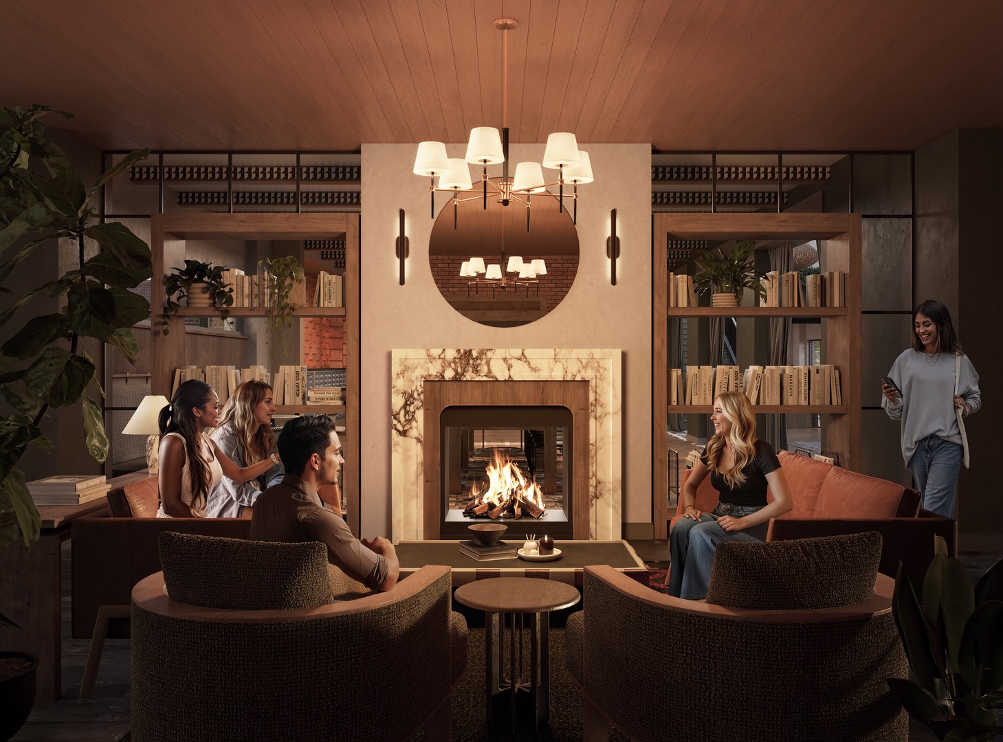 Five people relax in a cozy, warmly lit living room of apartments near Texas A&M University, with a modern fireplace, surrounded by bookshelves and plants. Four sit around the fire as one person walks in, smiling and holding a mug.