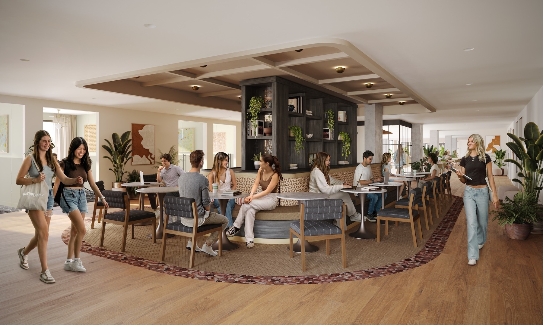 Modern café with people at circular tables, talking and eating. A woman carries food while two young women walk together. The bright space, near apartments near Texas A&M, features wooden floors, plants, and neutral decor.
