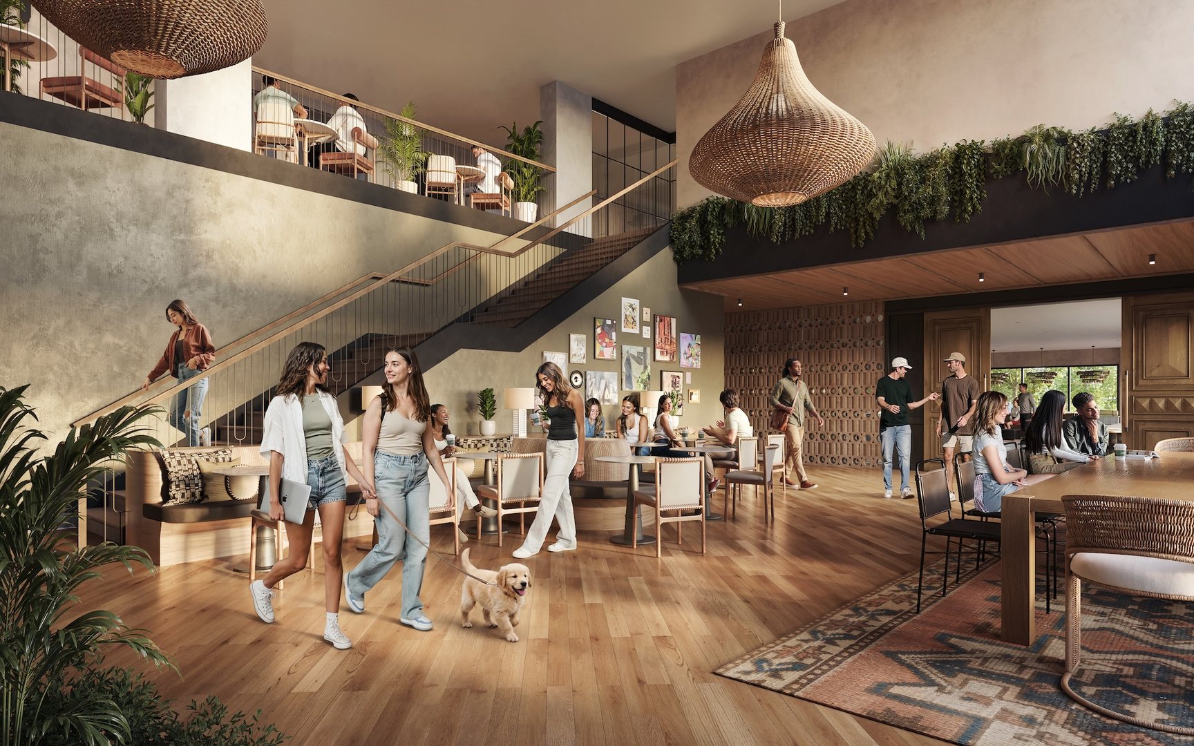 A spacious, modern lounge at The Jay features wooden floors, people socializing and sitting at tables; a woman walks a small dog, greenery decorates the space, and stairs lead to a mezzanine with more seating.