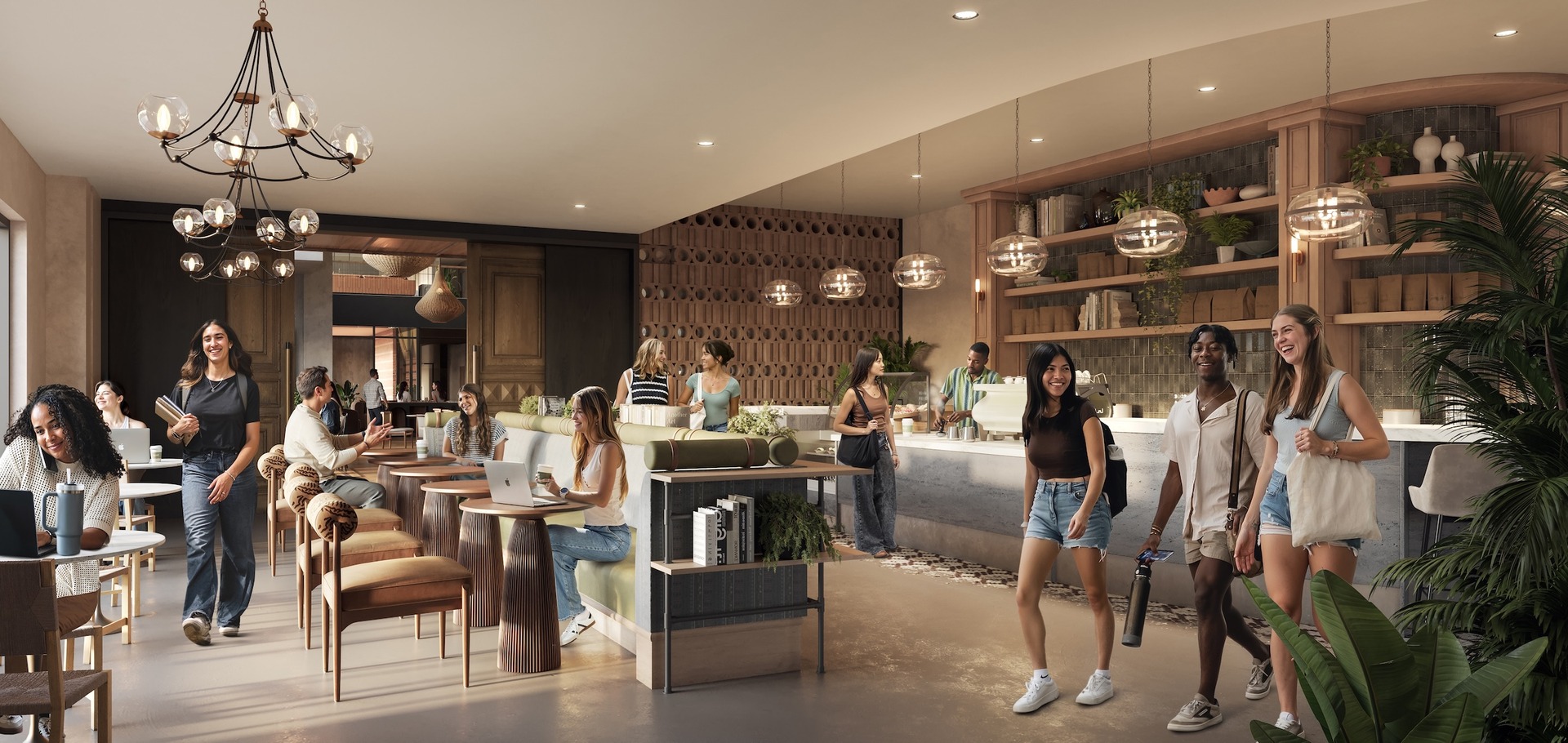 A modern, stylish café with people socializing, working on laptops, and ordering at the counter. The space features wooden and marble decor, plants, warm lighting, and a lively, welcoming atmosphere.