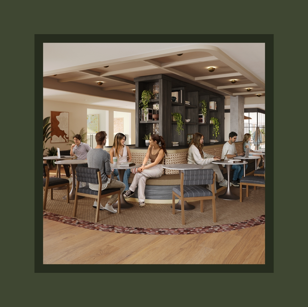 A modern cafe near off campus apartments TAMU, with several people sitting at tables, talking and relaxing. The space features wooden furniture, plants, and warm lighting, creating a cozy and inviting atmosphere.