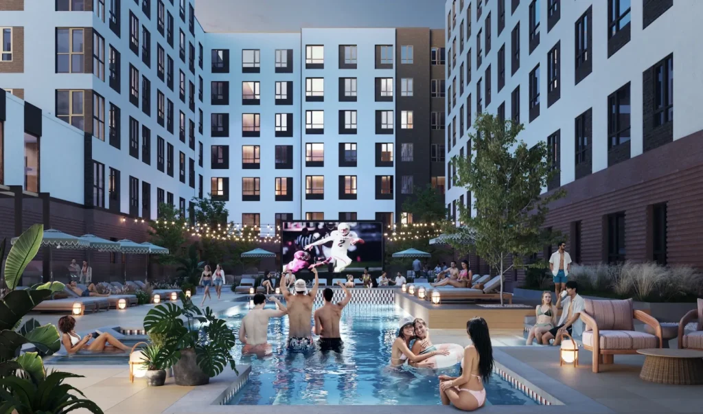 Rendering of the outdoor amenities and pool space at The Jay in College Station opening in Fall 2027.