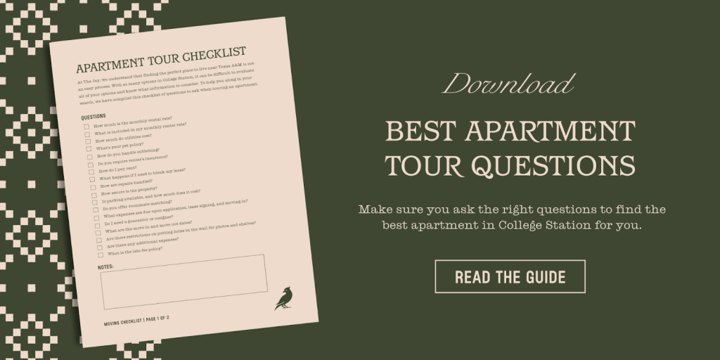 A graphic with a checklist titled Apartment Tour Checklist on the left and text on the right that says Download Best Texas A&M Apartment Tour Questions, with a button labeled Read the Guide on a green patterned background.