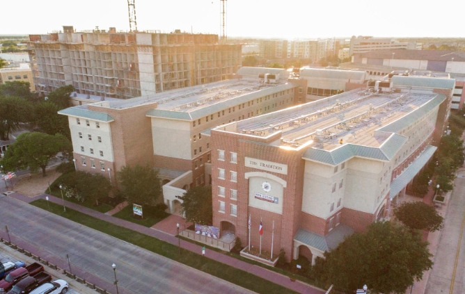 Day time birds-eye view of 12 North Apartments in College Station.