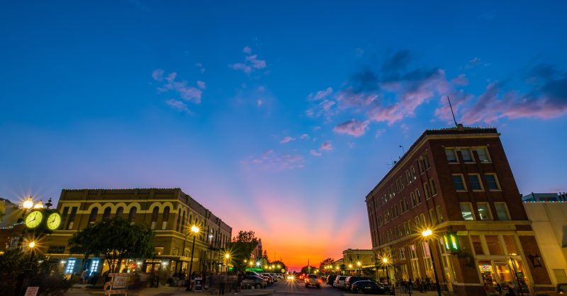 Sunset view of downtown Bryan, Texas near College Station.