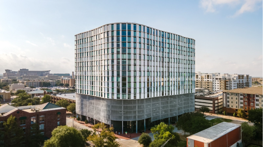 The Rev building drone view in College Station.