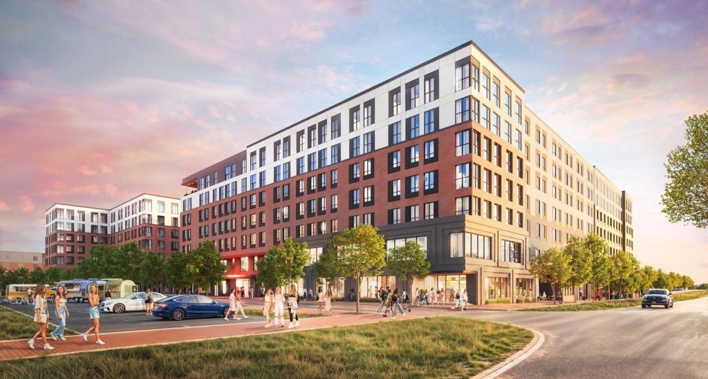 Exterior rendering of the Jay a modern student-living experience near Texas A&M University.