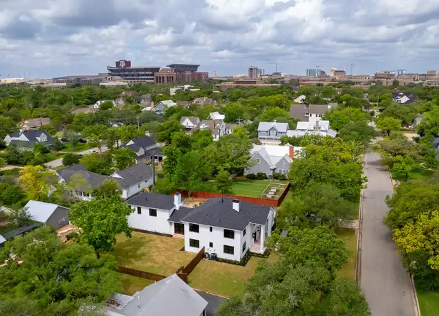 Aerial view of the Historic District in College Station, home to many Texas A&M students.