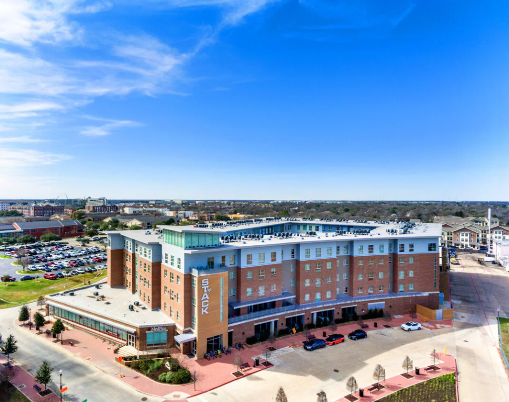 Birds-eye view of The Stack student apartments in College Station near Texas A&M.