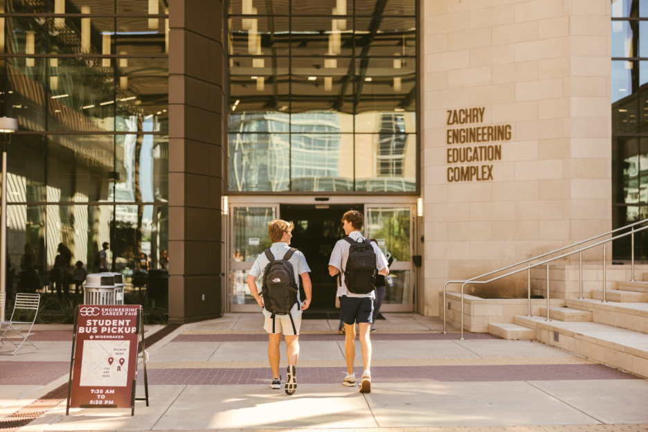 Texas A&M students walk into the Zachry Engineering Education Complex on campus at College Station.