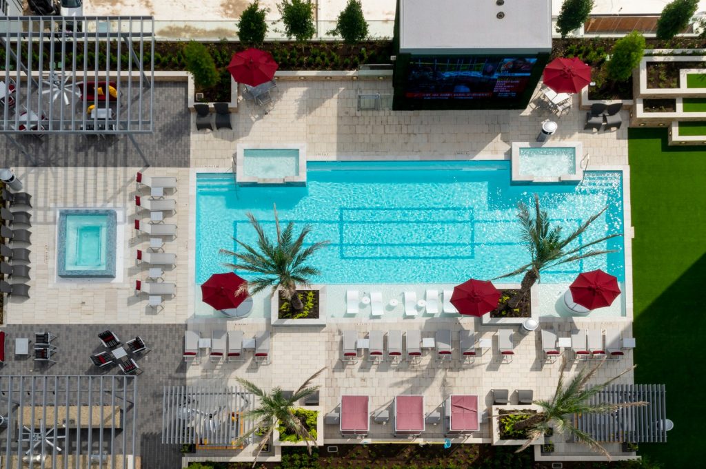 Pool courtyard at Ion off-campus housing in College Station.