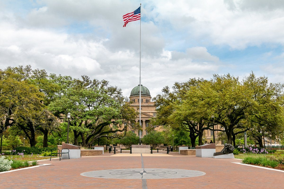 Courtyard view of Texas A&M’s Academic Plaza in College Station.