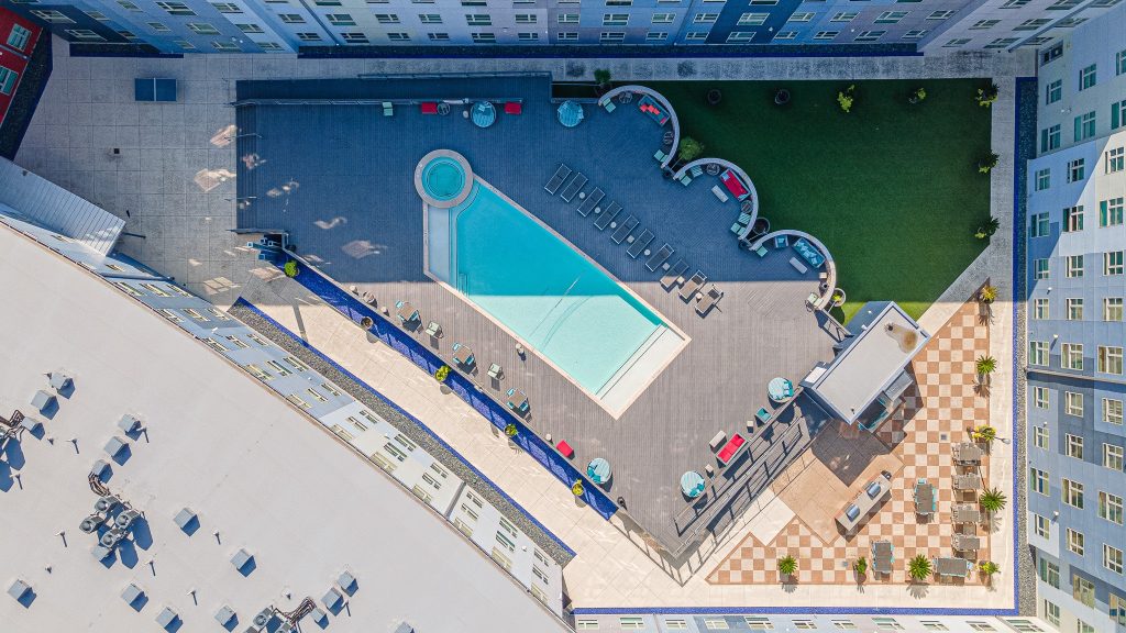 Pool courtyard at The Stack off-campus housing in College Station.