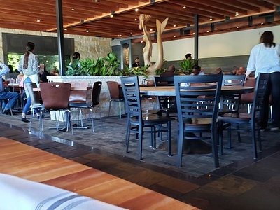 Covered seating featuring greenery and wood features at Yummi Yummi Mongolian Grill.