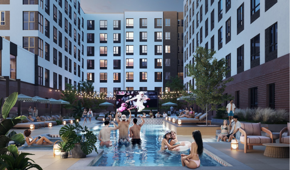 Rendering of the outdoor amenities, including a pool and jumbotron, that The Jay will offer Texas A&M students in College Station.