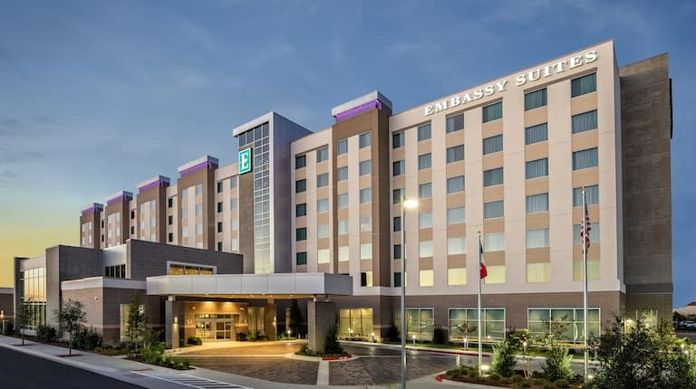 Modern exterior of Embassy Suites in College Station.