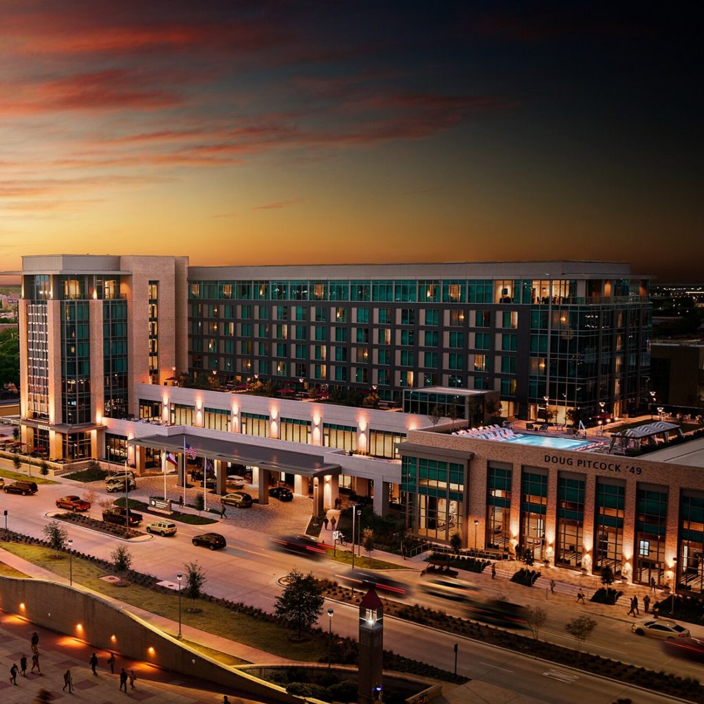 Texas A&M Hotel & Conference Center at sunset.