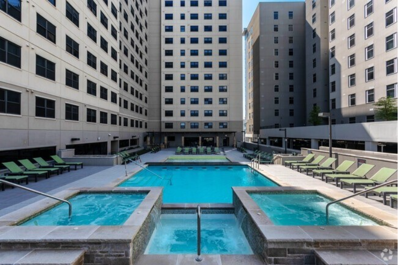 Courtyard pool at Rise at Northgate College Station. 