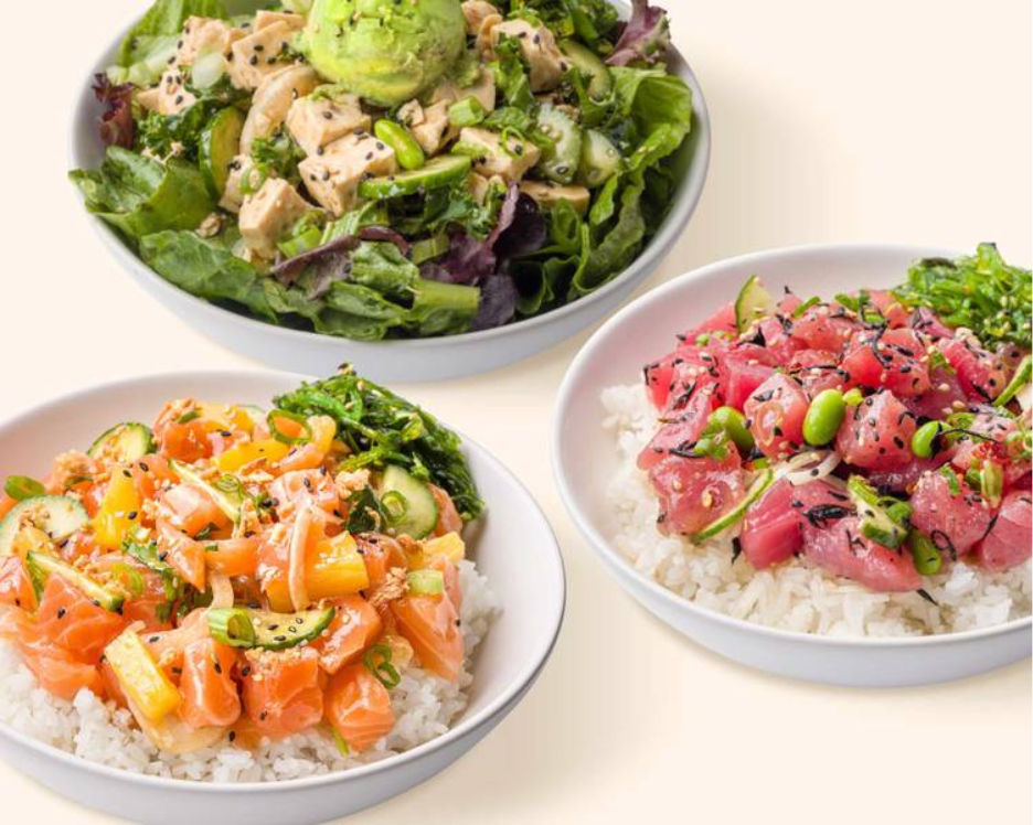 A poke bowl with rice, vegetables and protein from Pokeworks in College Station.