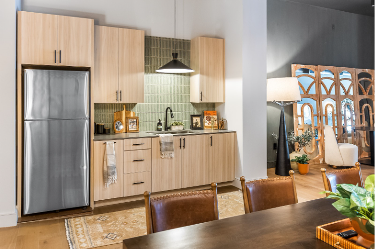 The model kitchen at The Jay shows finishes for future residents.