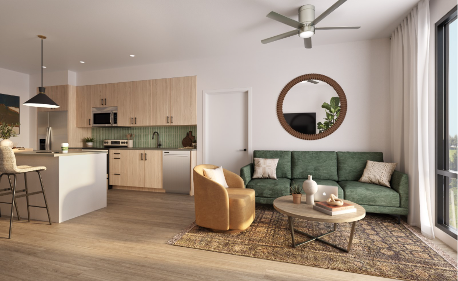 Interior rendering of a unit at The Jay opening in Fall 2027.