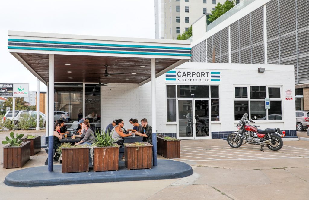Interior of Carport Coffee in College Station, a repurposed gas station coffee shop near Texas A&M.