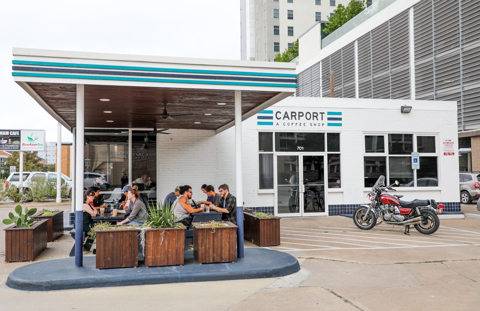 Interior of Carport Coffee, a repurposed gas station coffee shop near Texas A&M in College Station