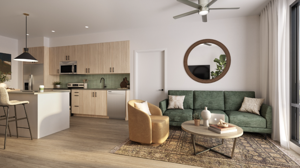 Interior rendering of a unit at The Jay opening in College Station near Texas A&M in Fall 2027.