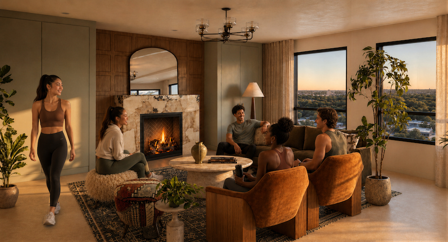 Five people relax and chat in a cozy, modern living room at The Jay, with a fireplace, large windows, and indoor plants. Evening sunlight streams in, creating a warm atmosphere.