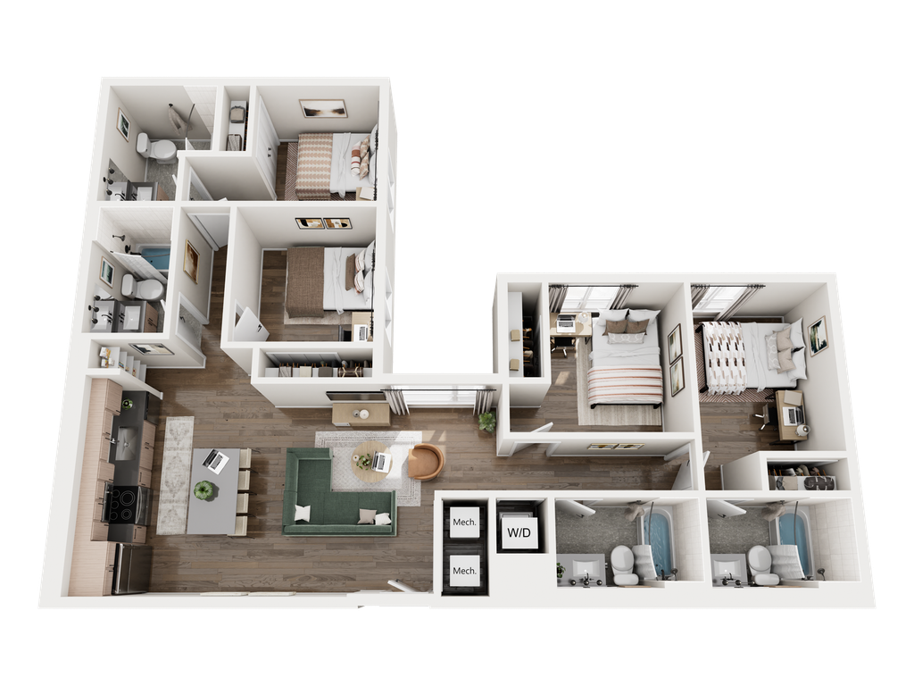 3D rendering of The Guadalupe 4x4 floor plan.