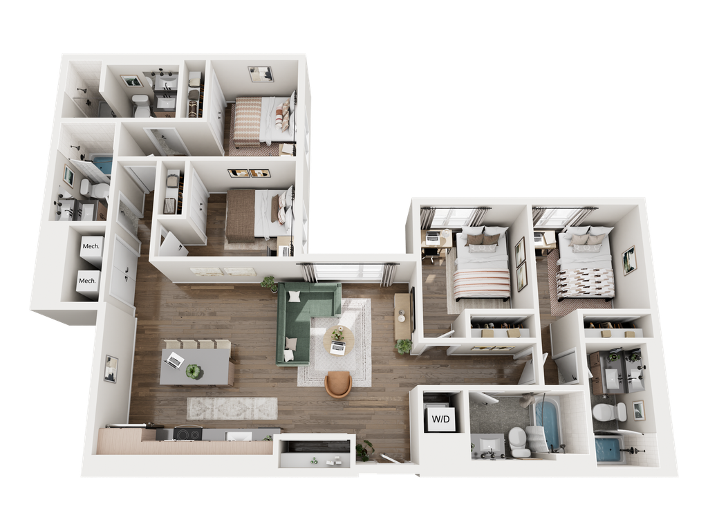3D rendering of The Llano 4x4 floor plan.
