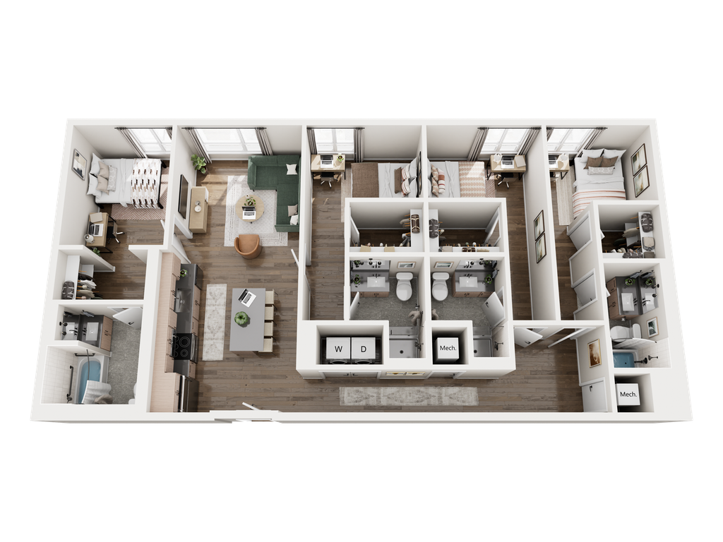 3D rendering of The Neches 4x4 floor plan.