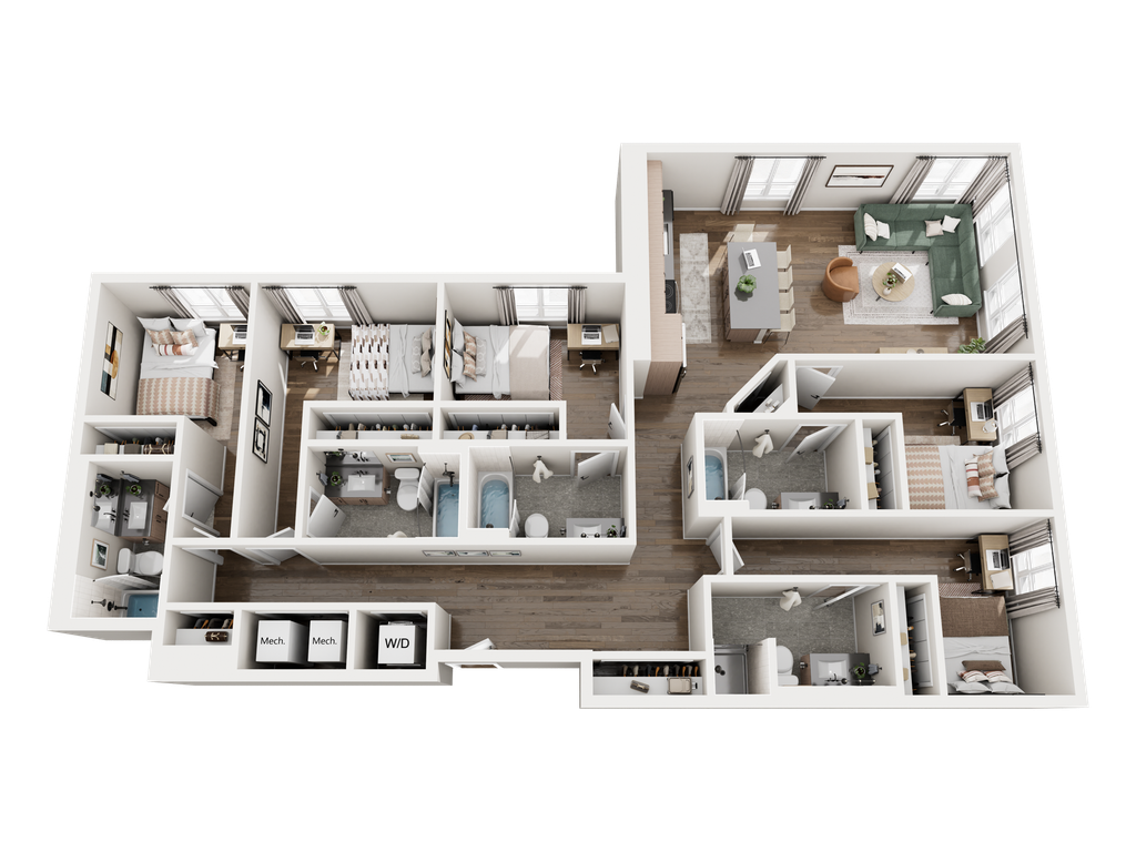 3D rendering of The Blanco 5x5 floor plan.